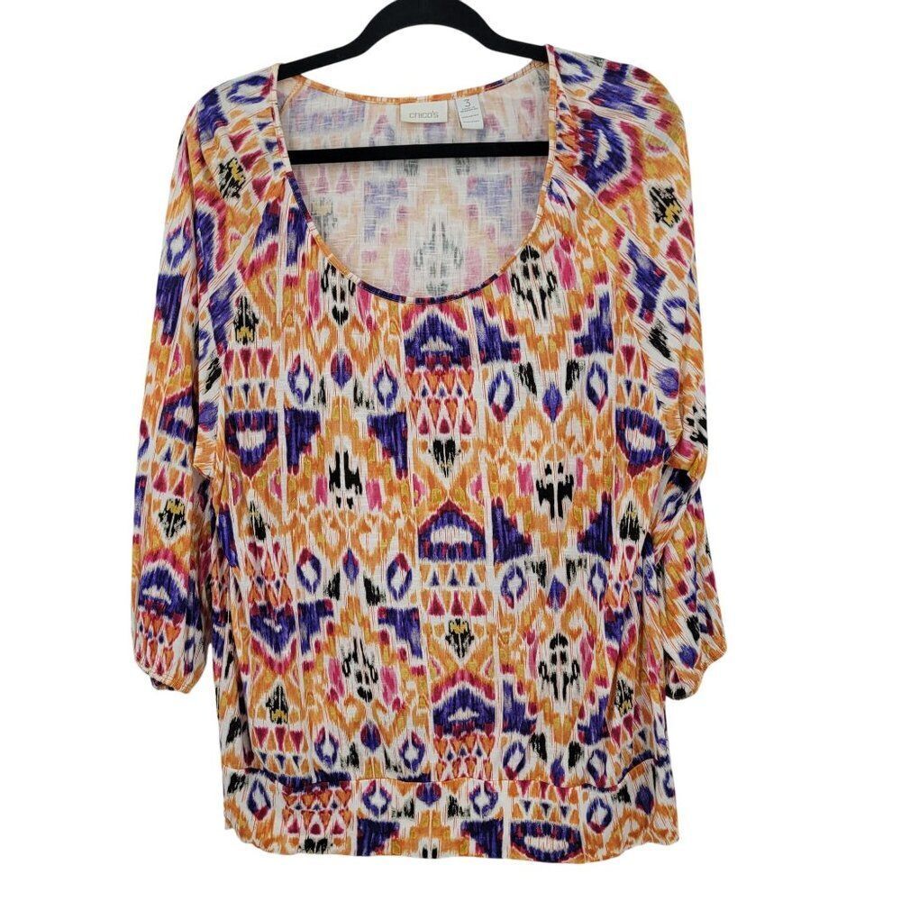 Chicos Multicolor 3/4 Sleeve‎ Boho Peasant Top Sz 3 Ikat Colorful Tribal Rayon